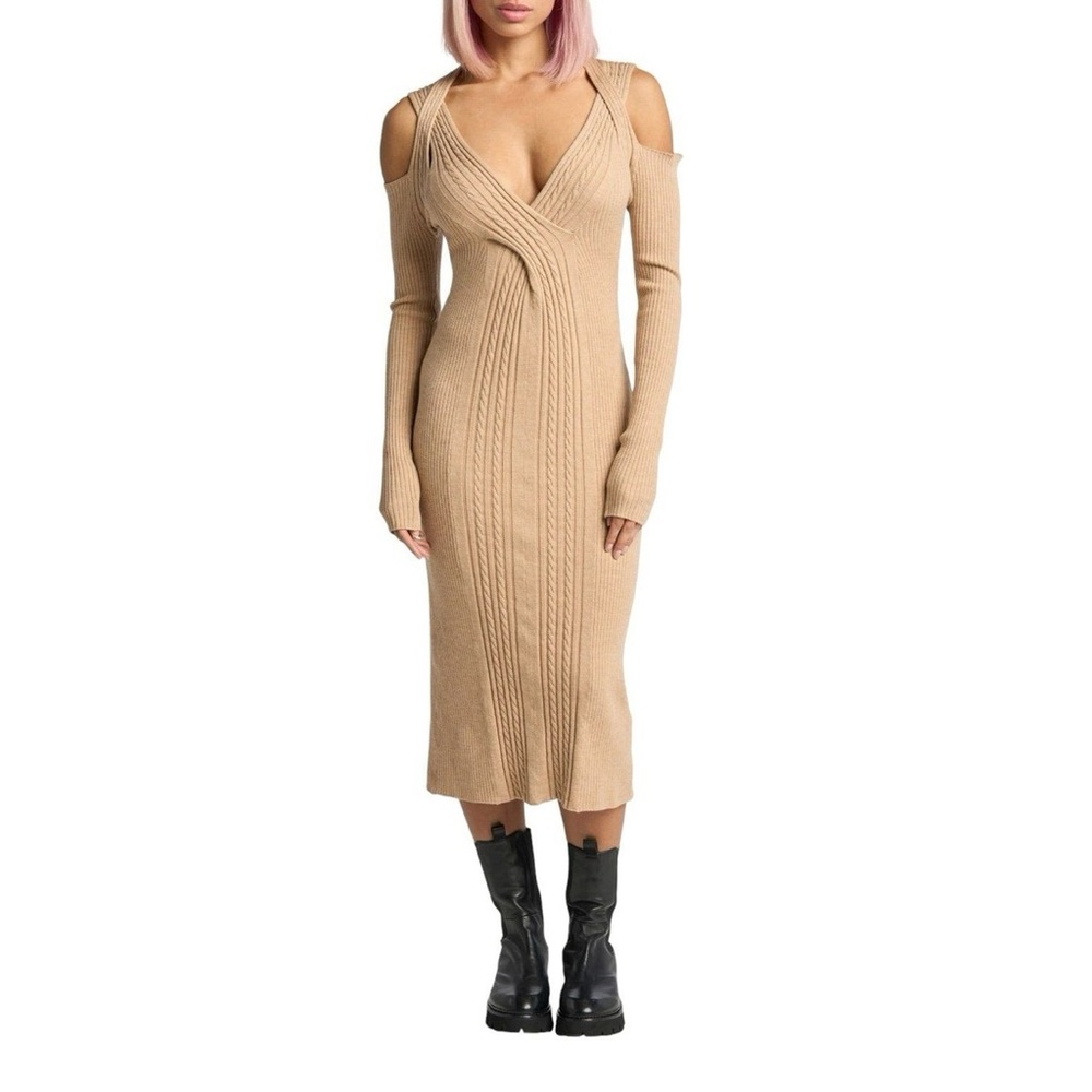 Lita by Ciara Beige Cold Shoulder Wool Midi Knit Dress